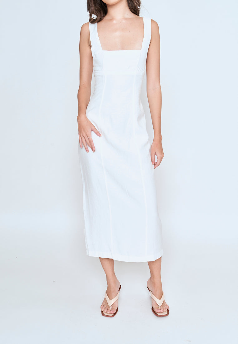 Odeya White Square Neckline Straight Cut Back Slit Sleeveless Midi Dress