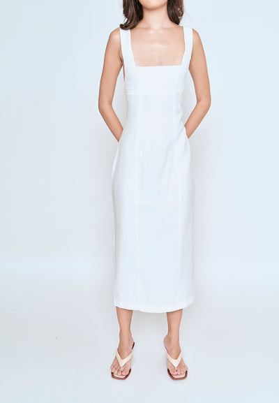 Odeya White Square Neckline Straight Cut Back Slit Sleeveless Midi Dress