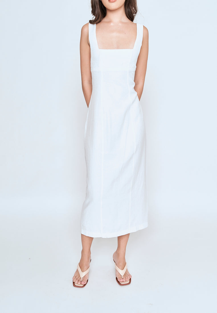 Odeya White Square Neckline Straight Cut Back Slit Sleeveless Midi Dress