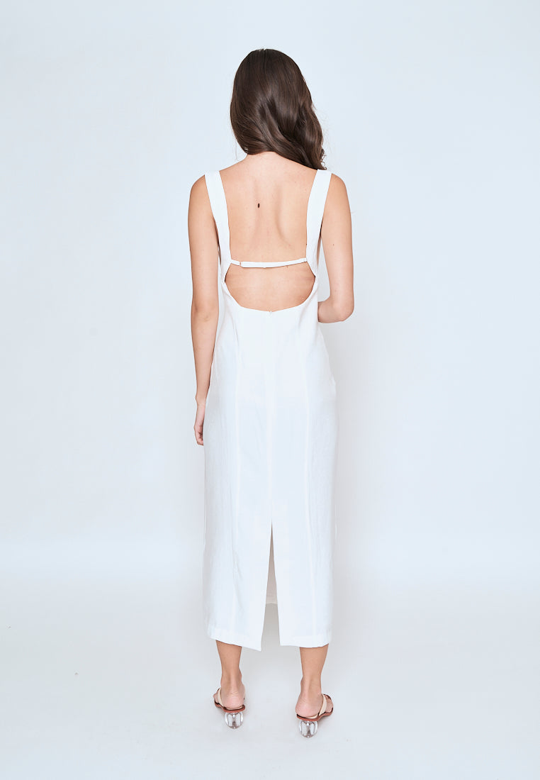 Odeya White Square Neckline Straight Cut Back Slit Sleeveless Midi Dress