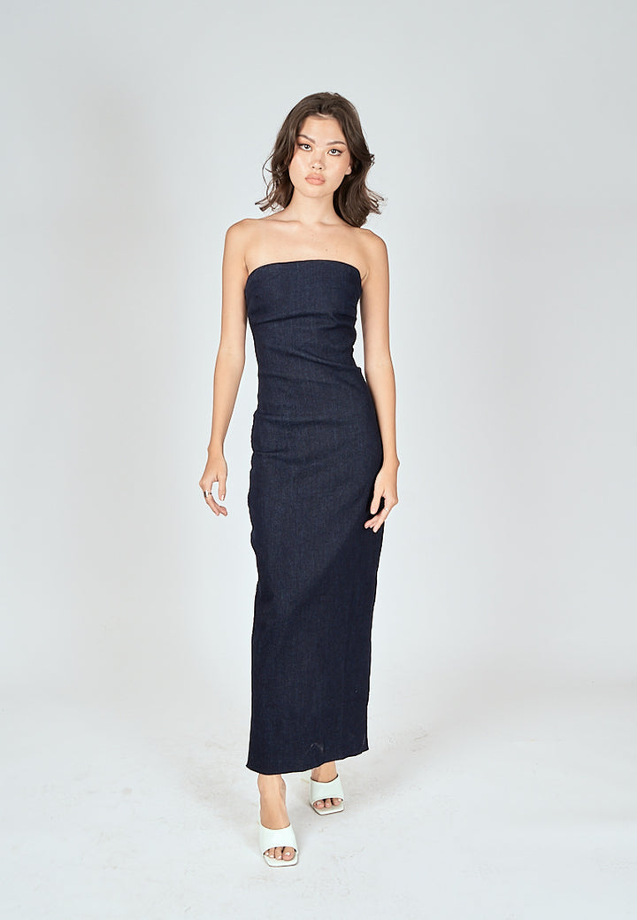 Chase Navy Blue Denim Classic Straight Cut Tube Midi Dress