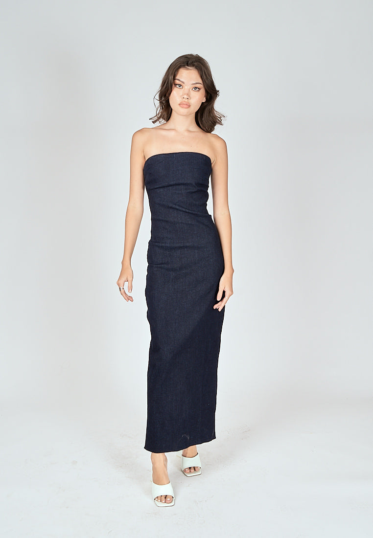 Chase Navy Blue Denim Classic Straight Cut Tube Midi Dress