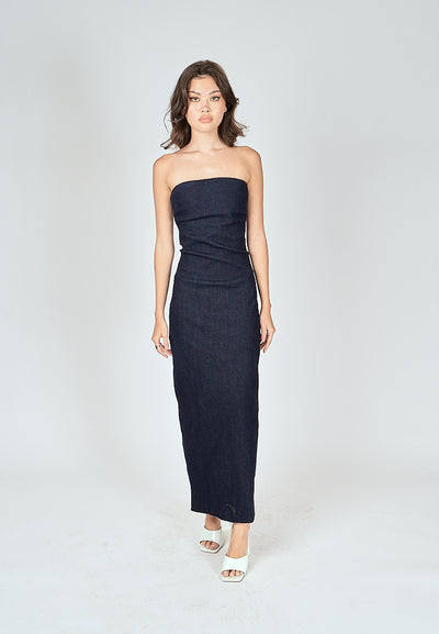 Chase Navy Blue Denim Classic Straight Cut Tube Midi Dress