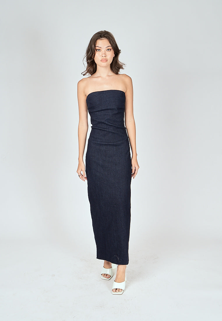 Chase Navy Blue Denim Classic Straight Cut Tube Midi Dress