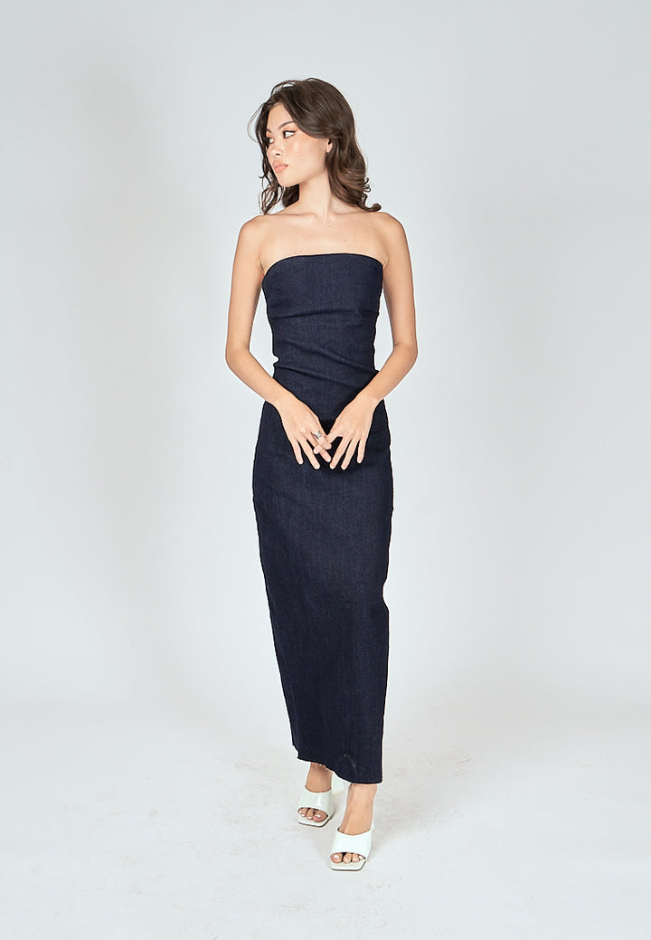 Chase Navy Blue Denim Classic Straight Cut Tube Midi Dress