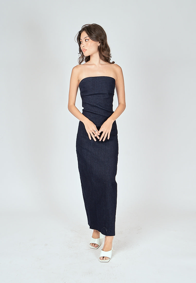 Chase Navy Blue Denim Classic Straight Cut Tube Midi Dress