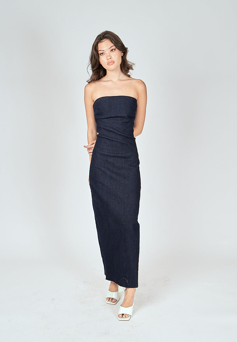 Chase Navy Blue Denim Classic Straight Cut Tube Midi Dress