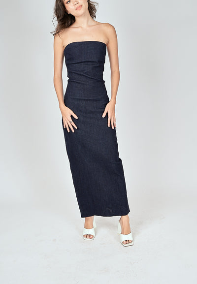 Chase Navy Blue Denim Classic Straight Cut Tube Midi Dress