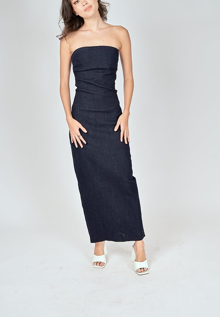 Chase Navy Blue Denim Classic Straight Cut Tube Midi Dress