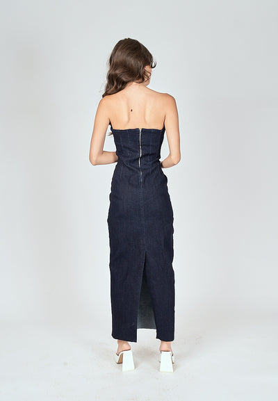 Chase Navy Blue Denim Classic Straight Cut Tube Midi Dress