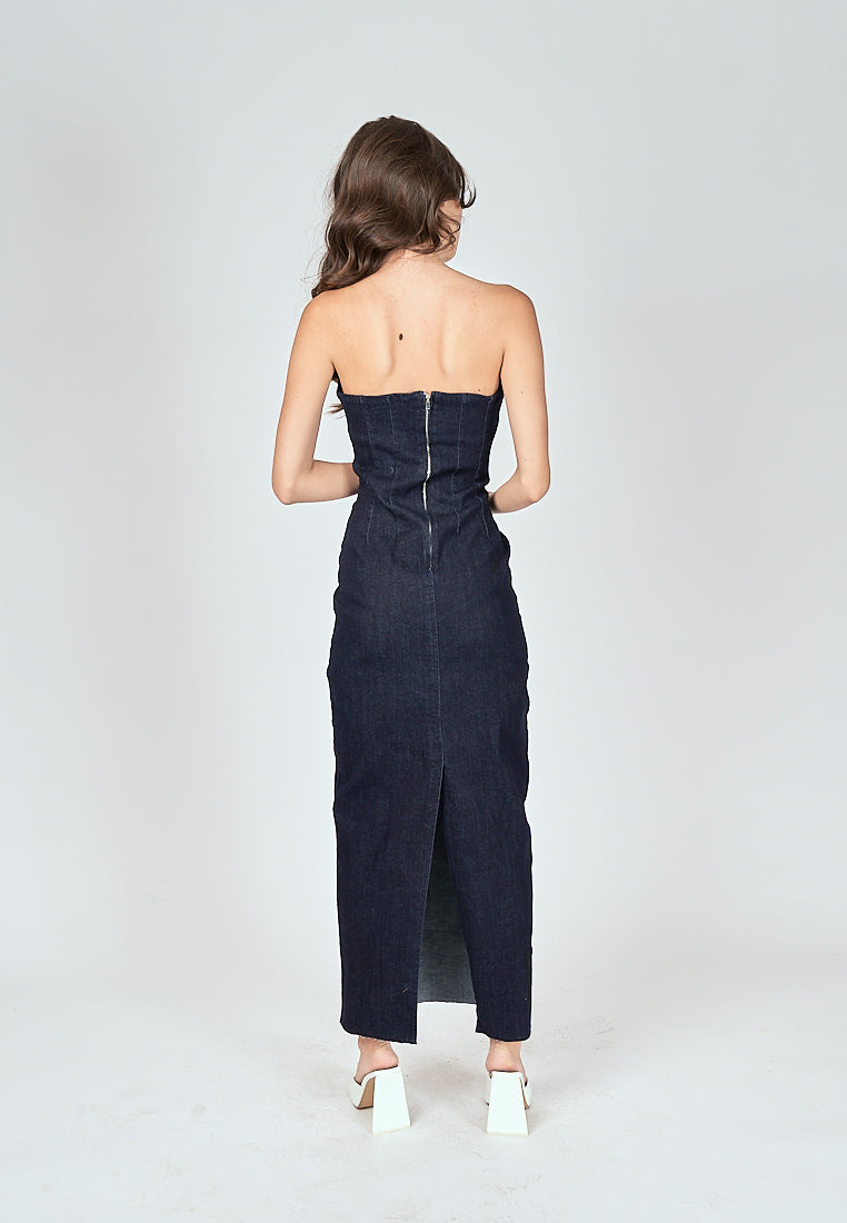 Chase Navy Blue Denim Classic Straight Cut Tube Midi Dress