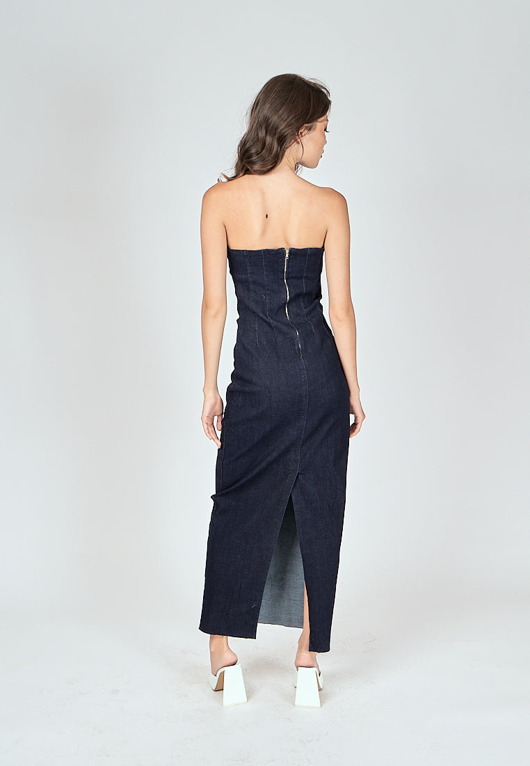 Chase Navy Blue Denim Classic Straight Cut Tube Midi Dress
