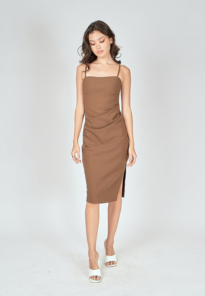 Nova Brown Sleeveless Ruch Side Midi Dress