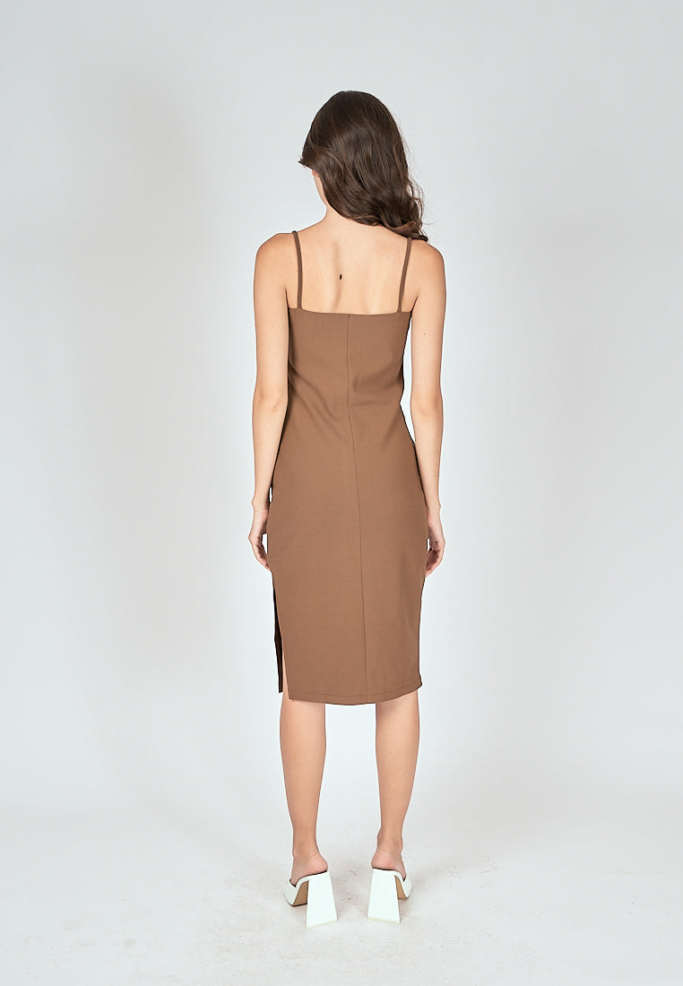Nova Brown Sleeveless Ruch Side Midi Dress
