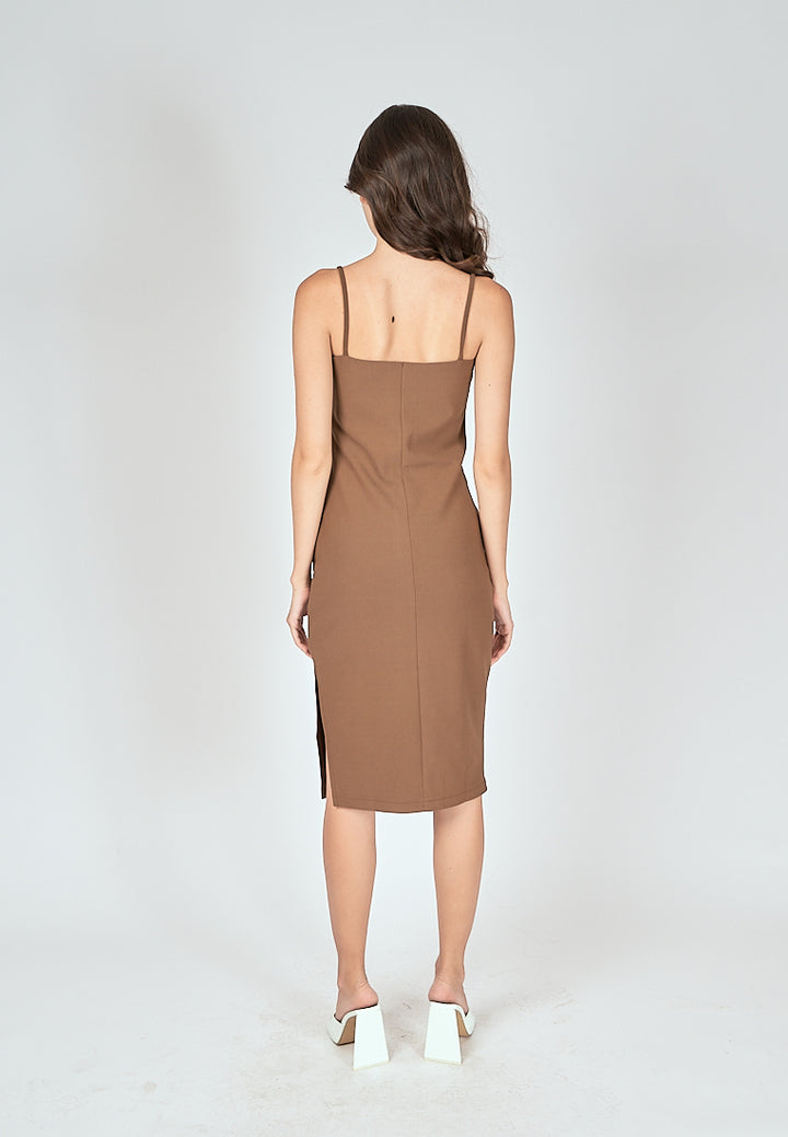 Nova Brown Sleeveless Ruch Side Midi Dress