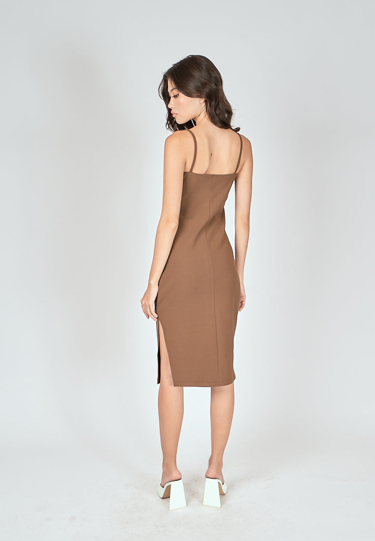 Nova Brown Sleeveless Ruch Side Midi Dress