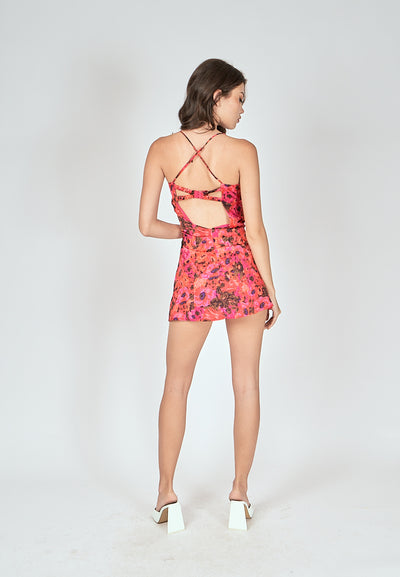 Daphne Red Floral Print Pleated Bust Sleeveless Open Back Mini Dress