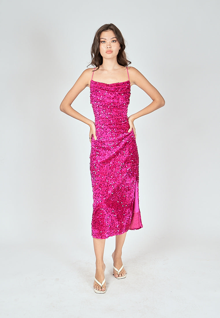 Farrah Pink Sequins Cowl Neck Sleeveless Criss Cross Back Shimmer Midi Dress