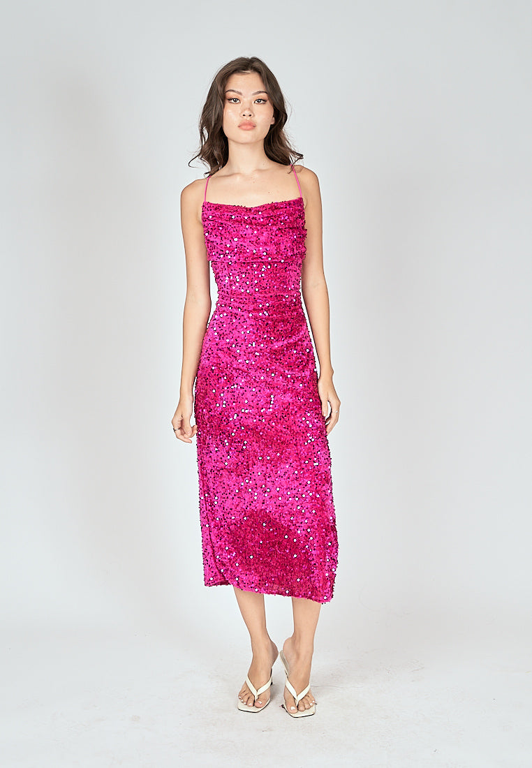 Farrah Pink Sequins Cowl Neck Sleeveless Criss Cross Back Shimmer Midi Dress