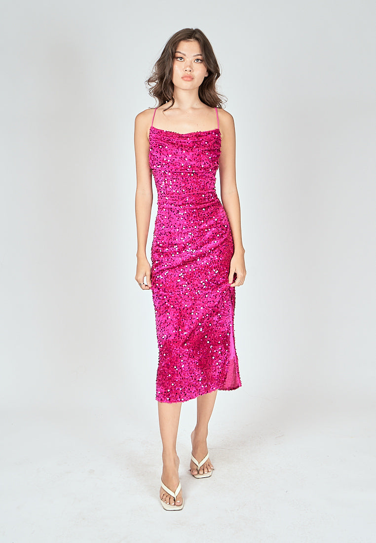 Farrah Pink Sequins Cowl Neck Sleeveless Criss Cross Back Shimmer Midi Dress