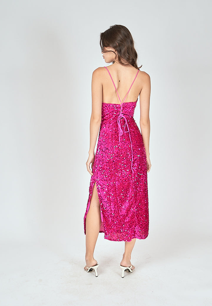 Farrah Pink Sequins Cowl Neck Sleeveless Criss Cross Back Shimmer Midi Dress
