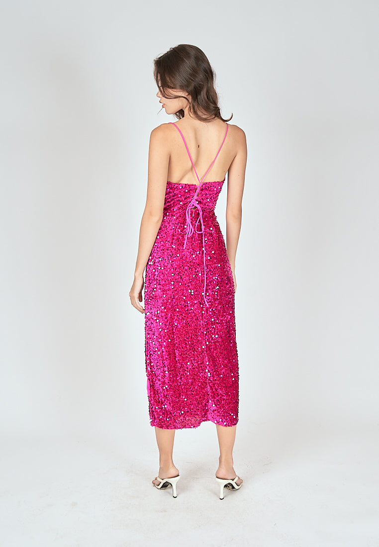 Farrah Pink Sequins Cowl Neck Sleeveless Criss Cross Back Shimmer Midi Dress