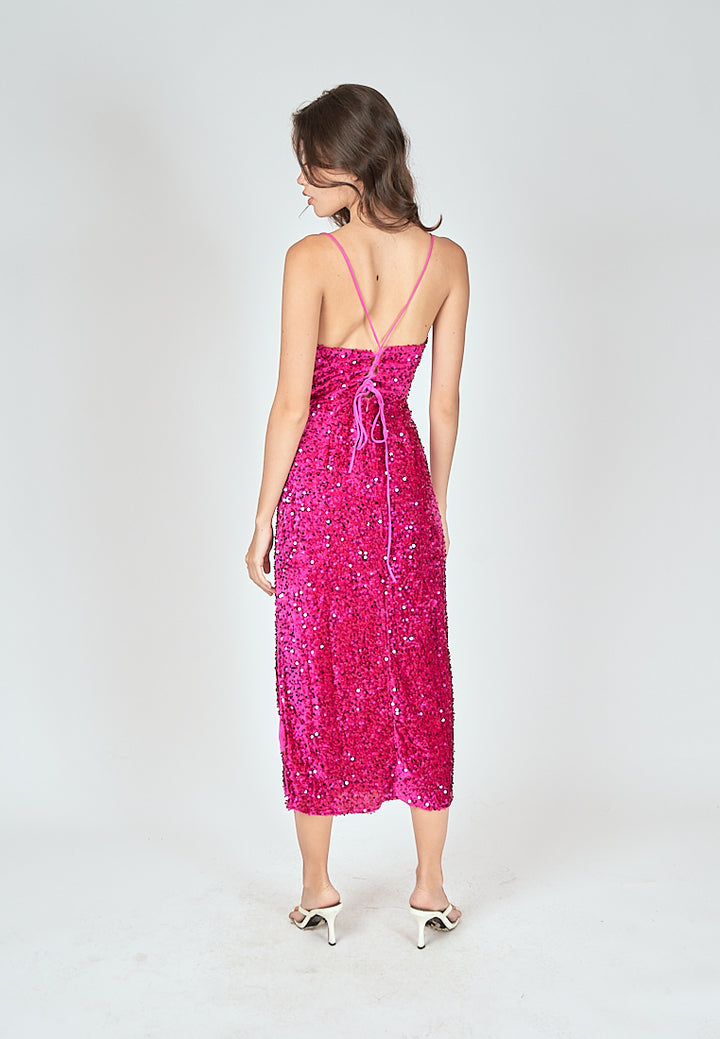 Farrah Pink Sequins Cowl Neck Sleeveless Criss Cross Back Shimmer Midi Dress