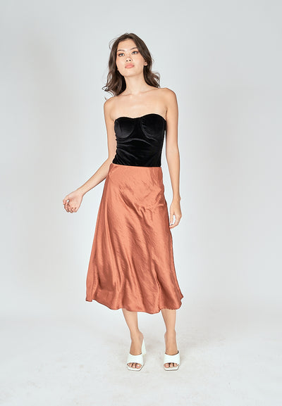 Kyler Copper Brown Silk A-Line Midi Skirt