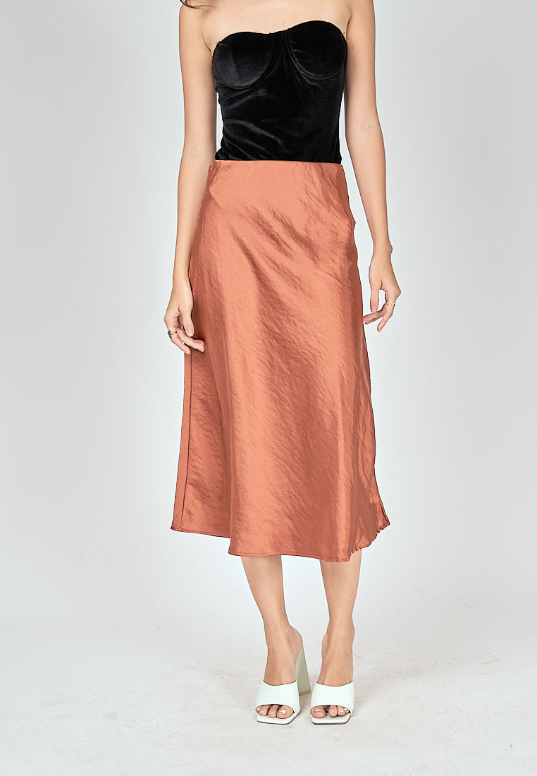 Kyler Copper Brown Silk A-Line Midi Skirt
