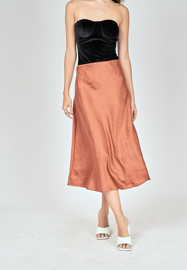 Kyler Copper Brown Silk A-Line Midi Skirt