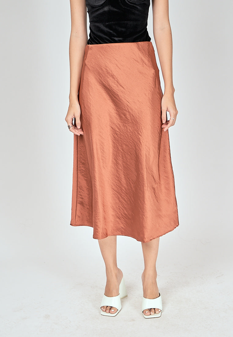 Kyler Copper Brown Silk A-Line Midi Skirt