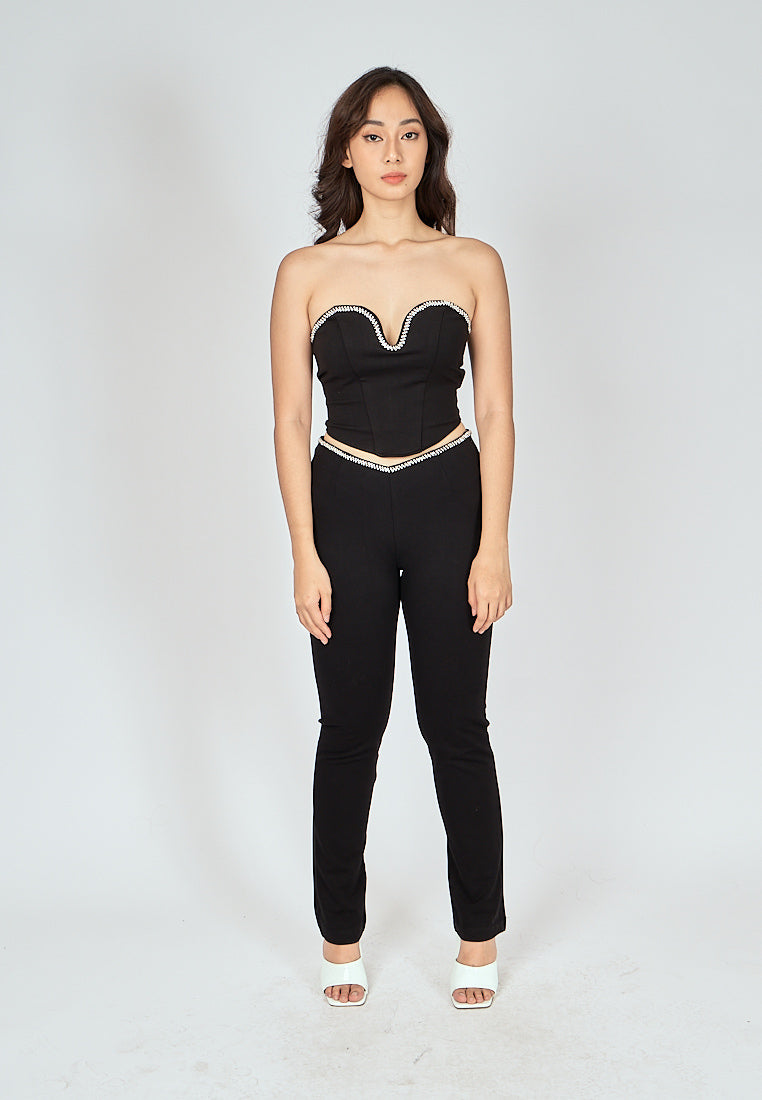 Argus Black Rhinestone Waistline Slim Fit Pants