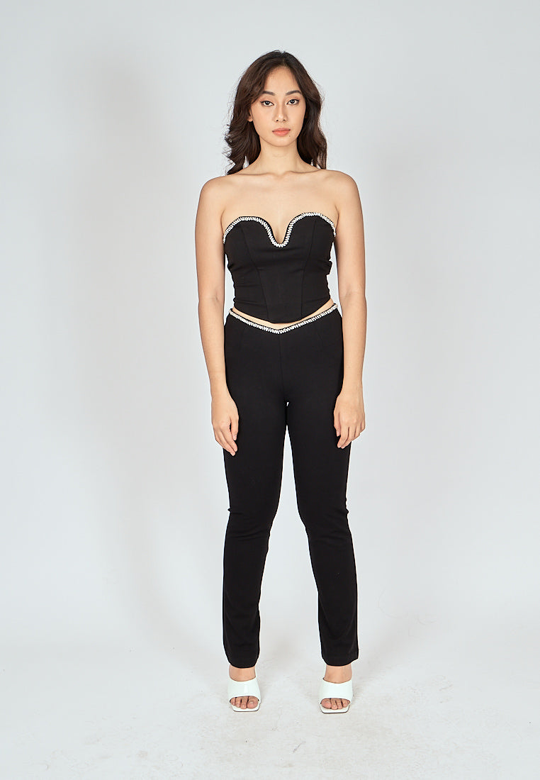 Argus Black Rhinestone Waistline Slim Fit Pants