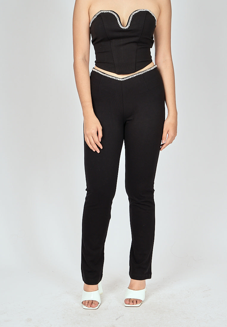 Argus Black Rhinestone Waistline Slim Fit Pants