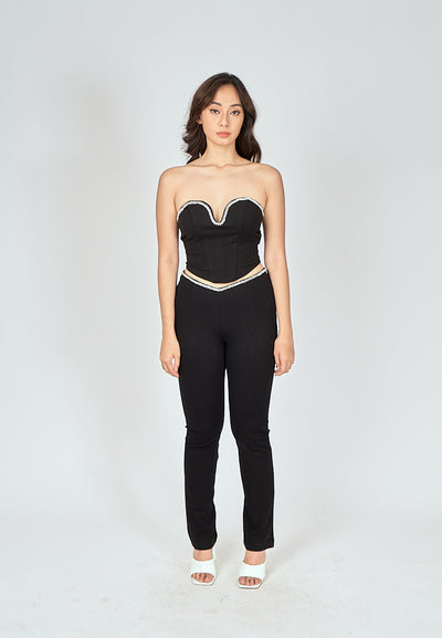 Argus Black Rhinestone Waistline Slim Fit Pants