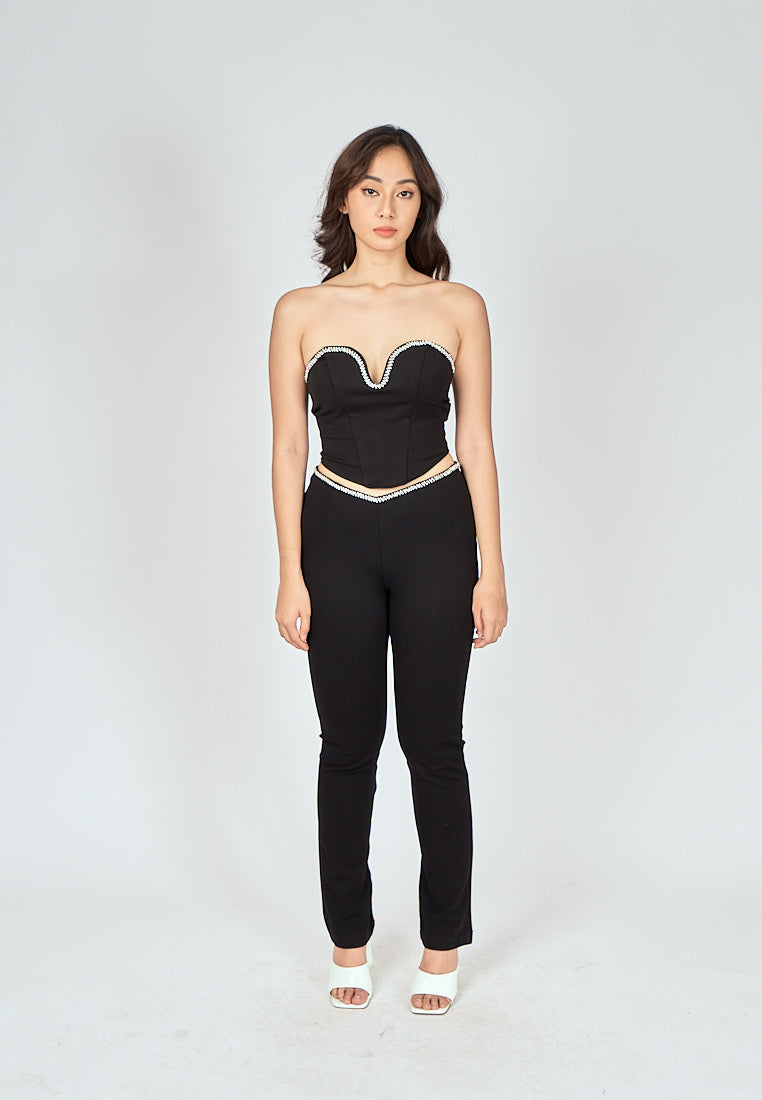 Argus Black Rhinestone Waistline Slim Fit Pants