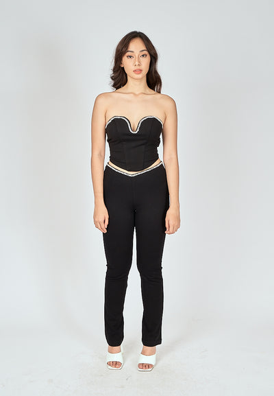 Argus Black Rhinestone Waistline Slim Fit Pants