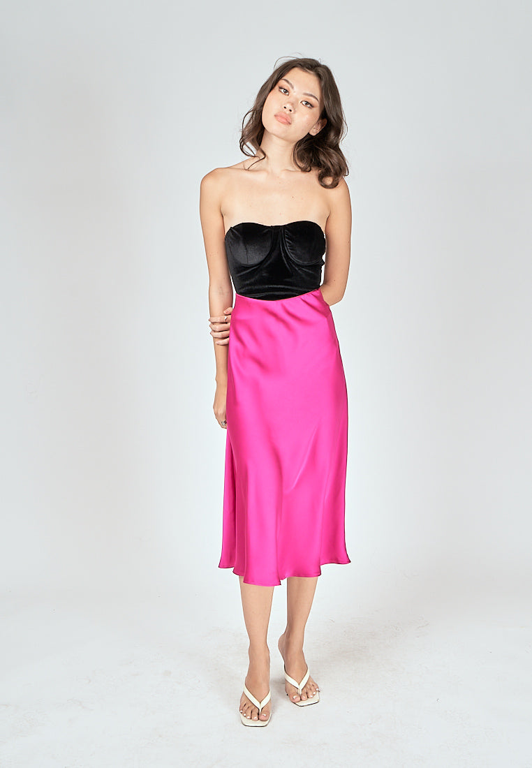 Kyler Fuchsia Pink Silk A-Line Midi Skirt