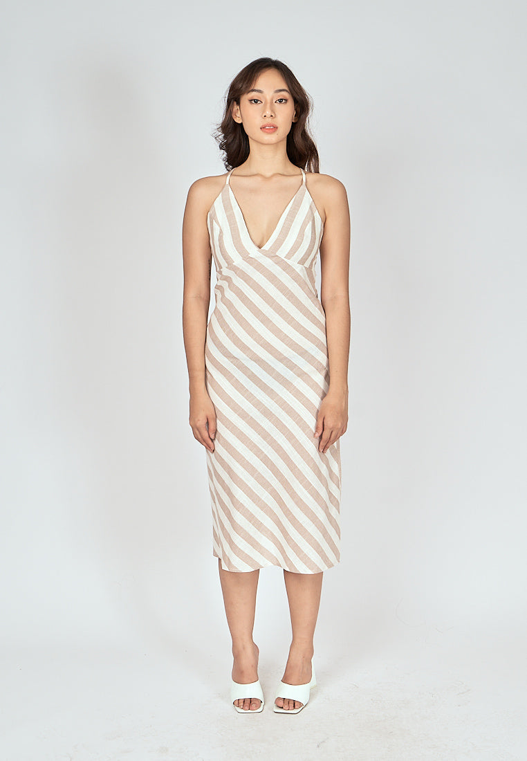 Alice Beige Stripes V Neck Sleeveless Criss Cross Back Midi Dress