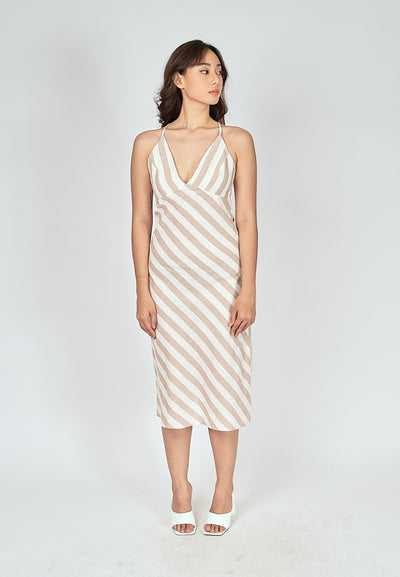 Alice Beige Stripes V Neck Sleeveless Criss Cross Back Midi Dress