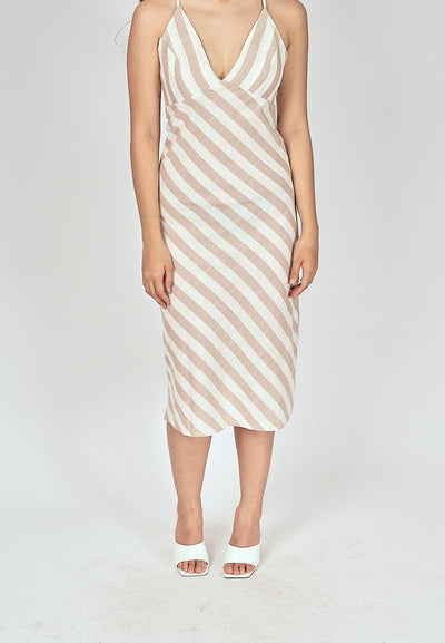Alice Beige Stripes V Neck Sleeveless Criss Cross Back Midi Dress