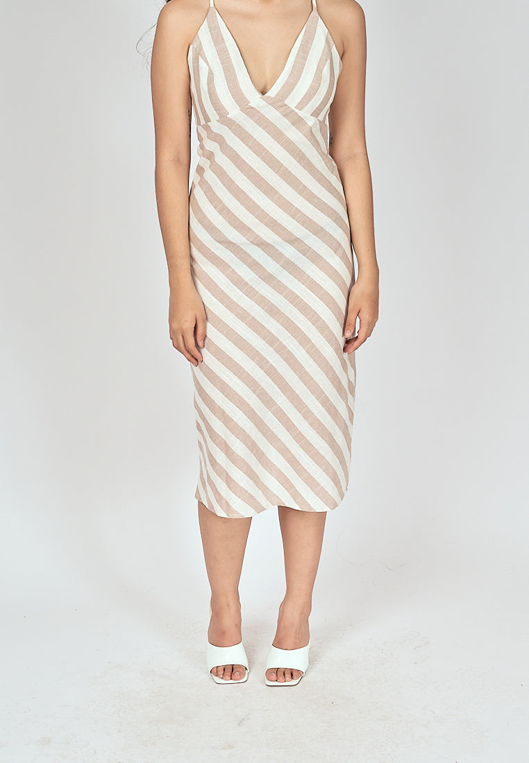 Alice Beige Stripes V Neck Sleeveless Criss Cross Back Midi Dress