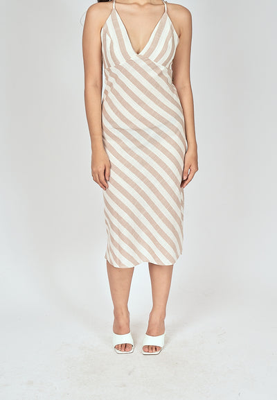 Alice Beige Stripes V Neck Sleeveless Criss Cross Back Midi Dress