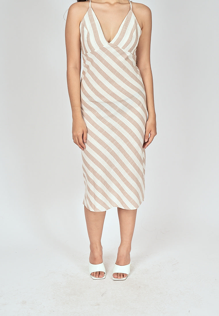 Alice Beige Stripes V Neck Sleeveless Criss Cross Back Midi Dress