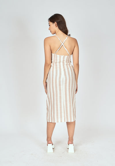 Alice Beige Stripes V Neck Sleeveless Criss Cross Back Midi Dress
