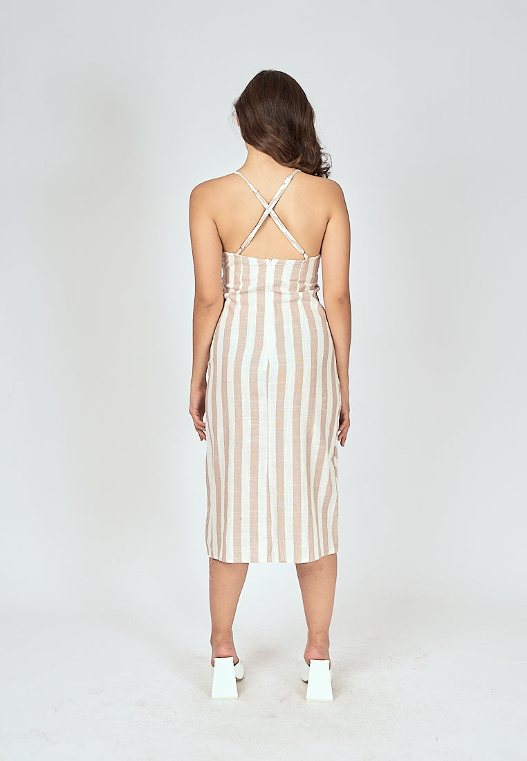 Alice Beige Stripes V Neck Sleeveless Criss Cross Back Midi Dress