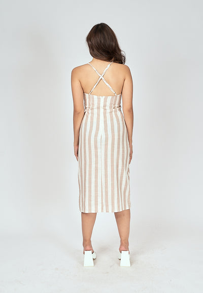 Alice Beige Stripes V Neck Sleeveless Criss Cross Back Midi Dress