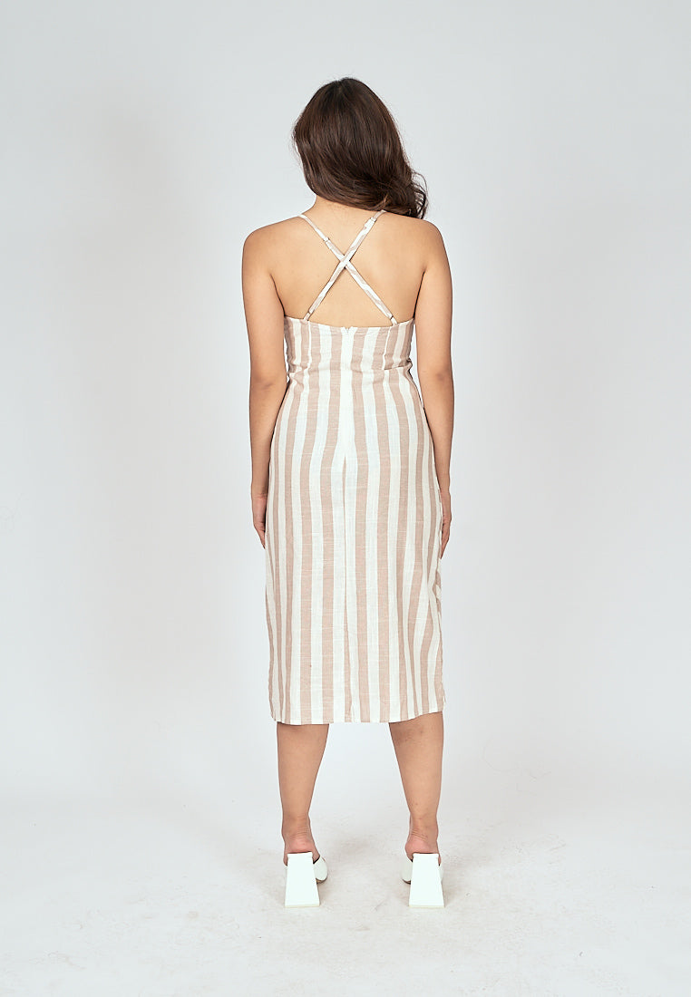 Alice Beige Stripes V Neck Sleeveless Criss Cross Back Midi Dress