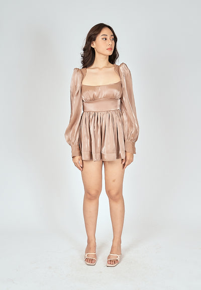Jouhana Brown Sqaure Neck Cuff Long Sleeves Open Back Mini Dress