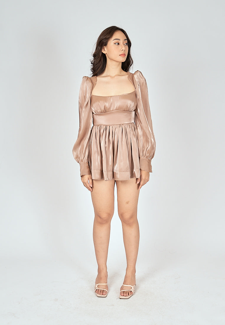 Jouhana Brown Sqaure Neck Cuff Long Sleeves Open Back Mini Dress